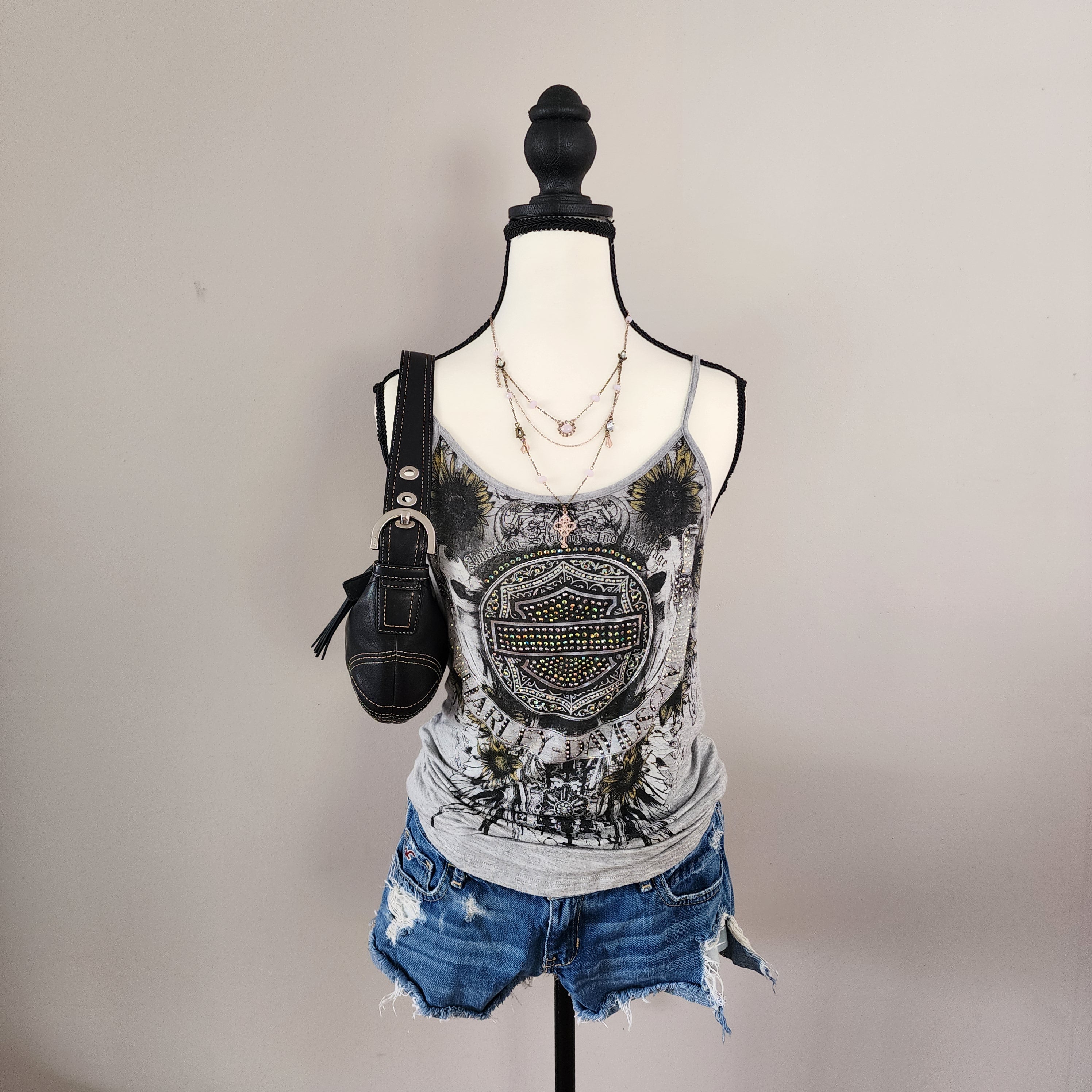 Y2K Harley-Davidson Bedazzled Graphic Lace-Up Tank Top