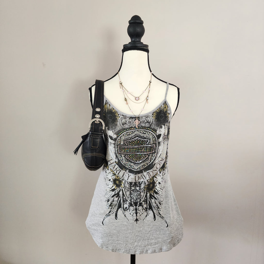 Y2K Harley-Davidson Bedazzled Graphic Lace-Up Tank Top