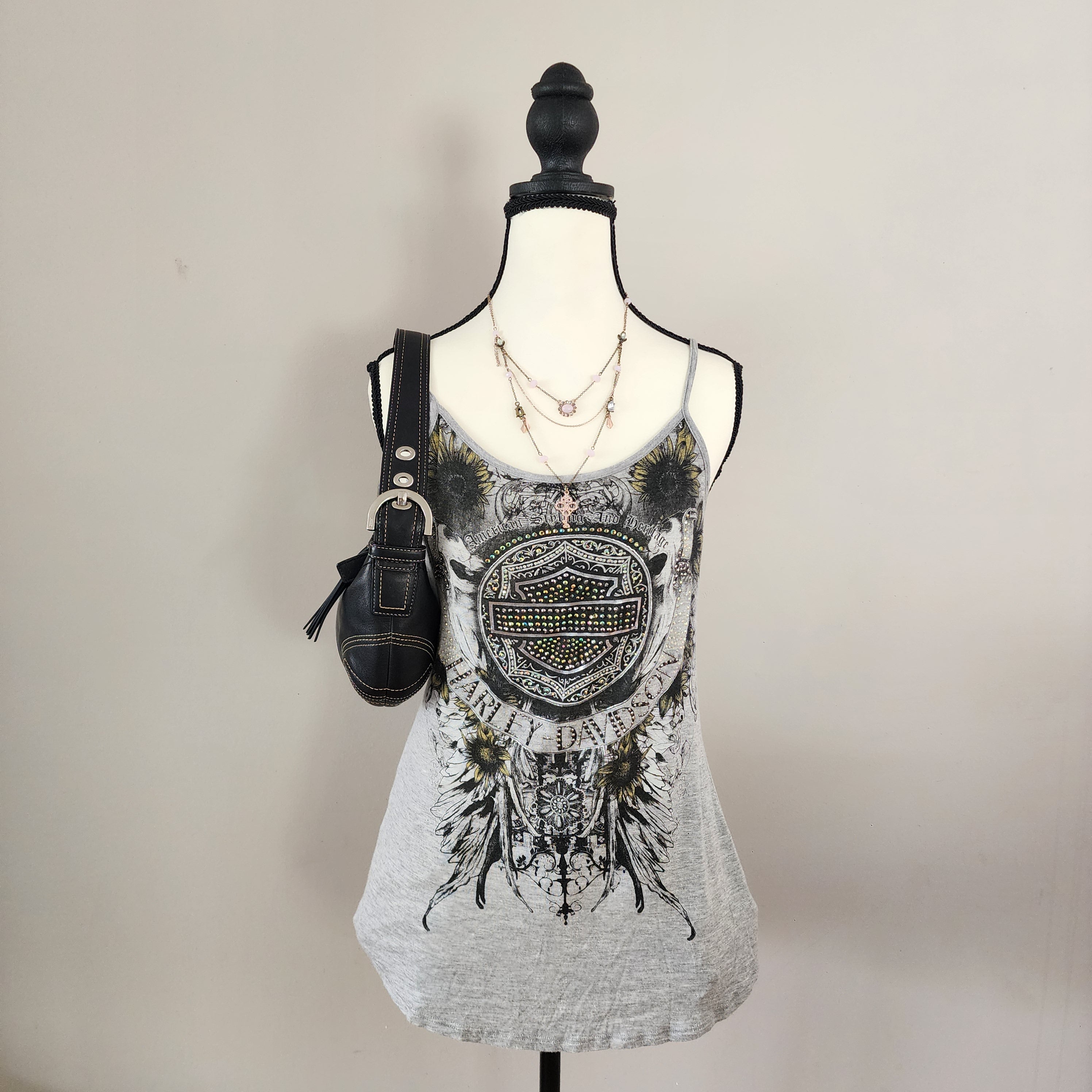 Y2K Harley-Davidson Bedazzled Graphic Lace-Up Tank Top