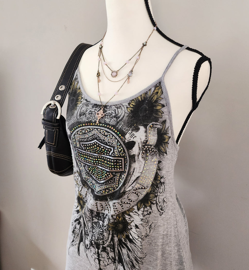Y2K Harley-Davidson Bedazzled Graphic Lace-Up Tank Top