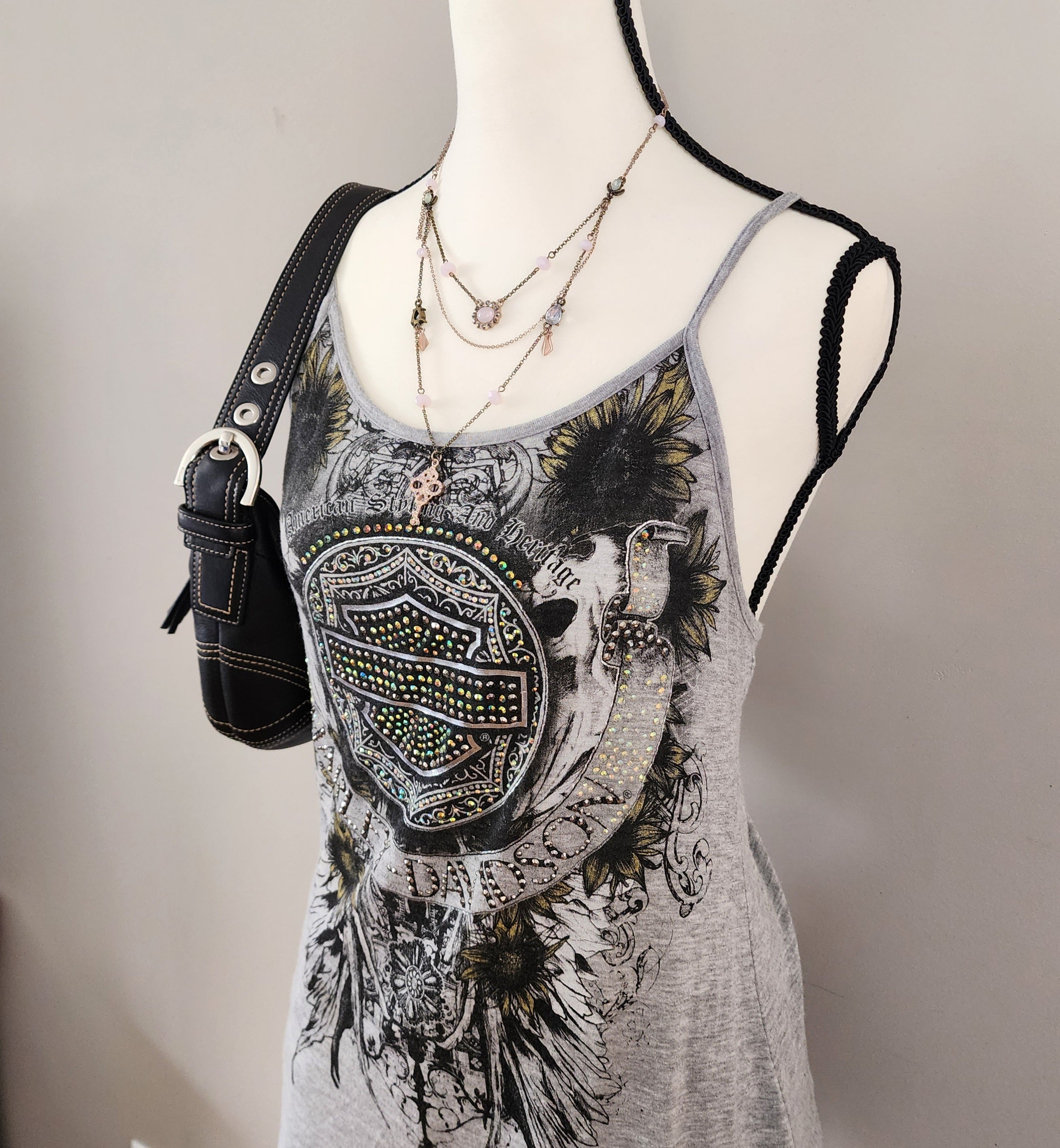 Y2K Harley-Davidson Bedazzled Graphic Lace-Up Tank Top