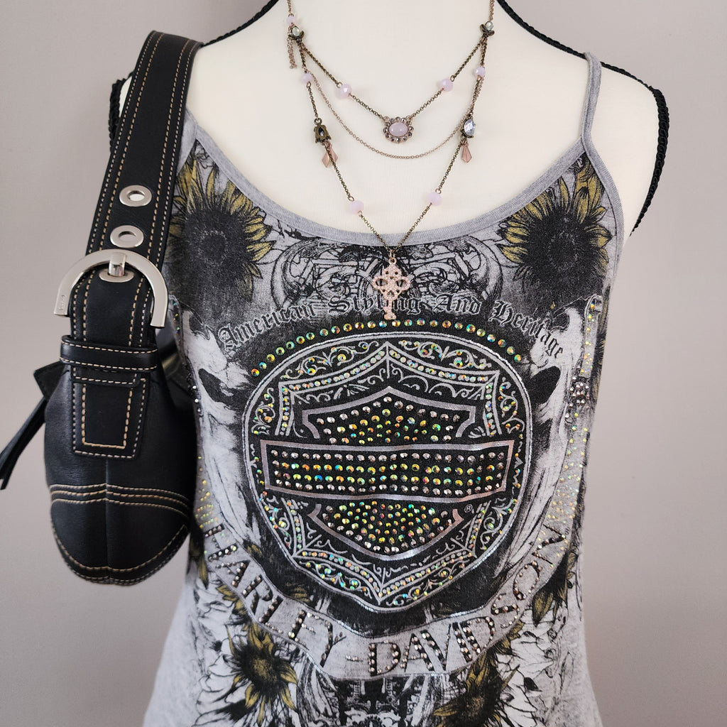 Y2K Harley-Davidson Bedazzled Graphic Lace-Up Tank Top