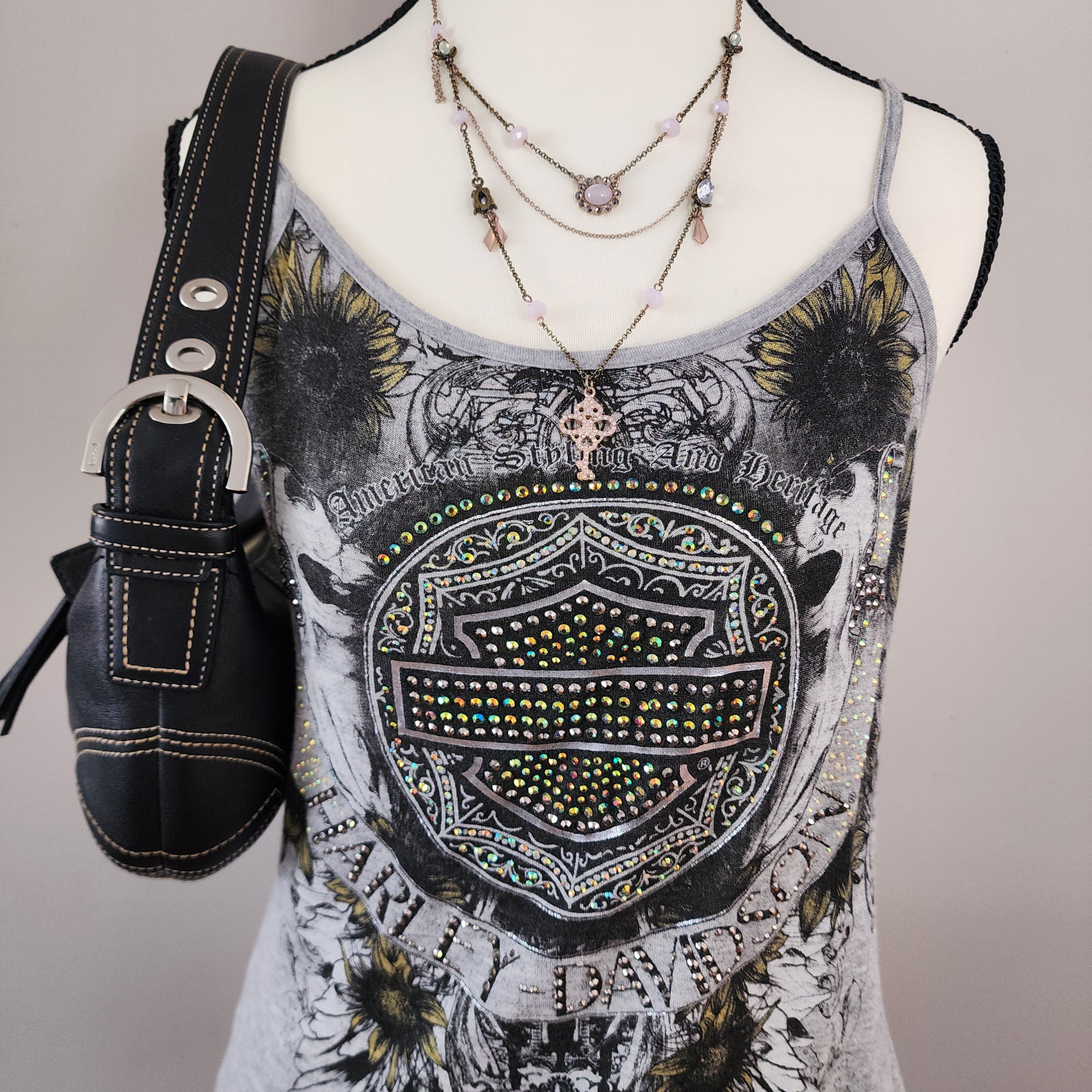 Y2K Harley-Davidson Bedazzled Graphic Lace-Up Tank Top