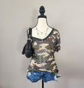Y2K Green Camo Cut-Out V-neck Bedazzled Top