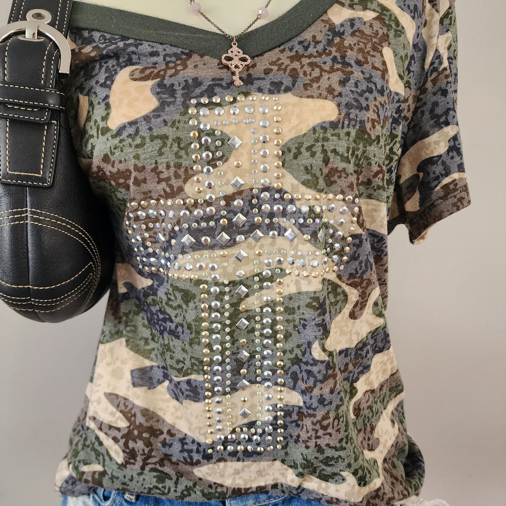 Y2K Green Camo Cut-Out V-neck Bedazzled Top