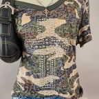 Y2K Green Camo Cut-Out V-neck Bedazzled Top