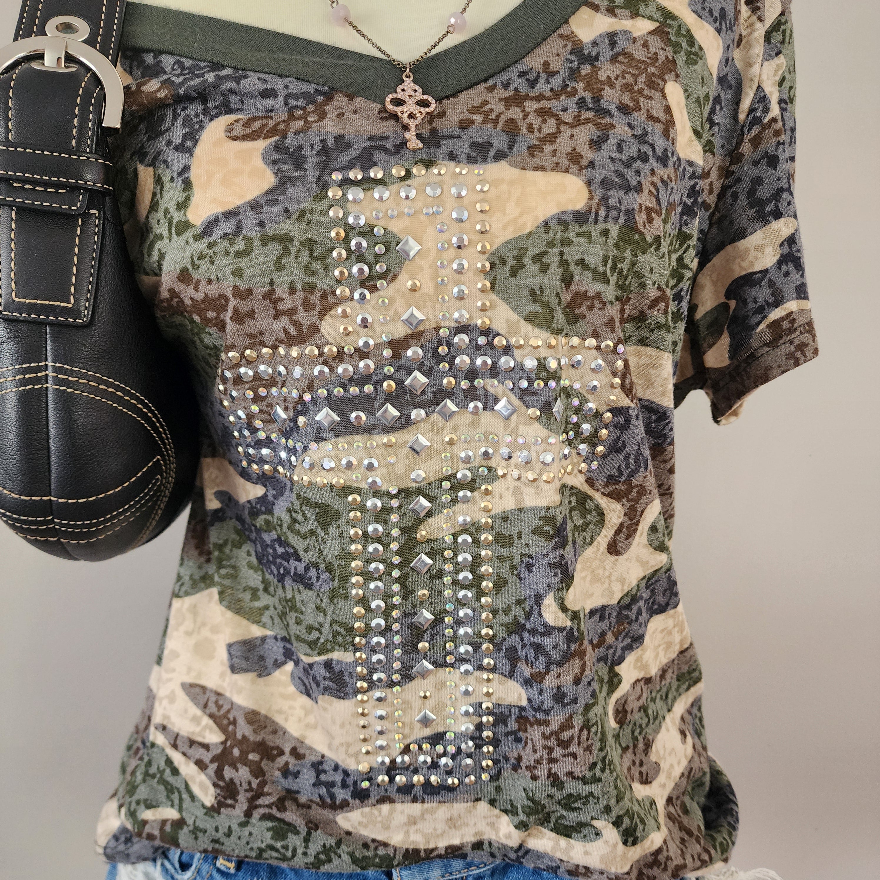 Y2K Green Camo Cut-Out V-neck Bedazzled Top
