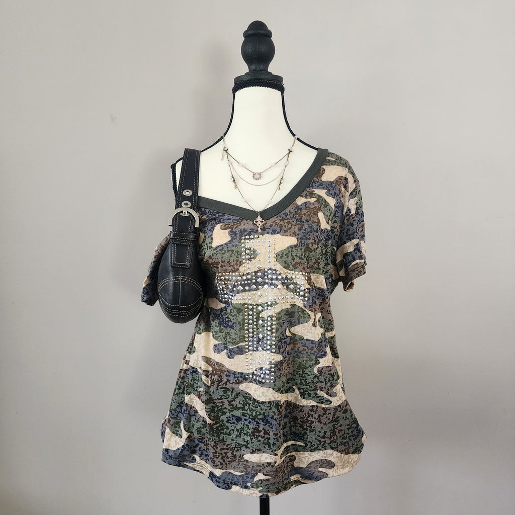 Y2K Green Camo Cut-Out V-neck Bedazzled Top