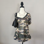Y2K Green Camo Cut-Out V-neck Bedazzled Top