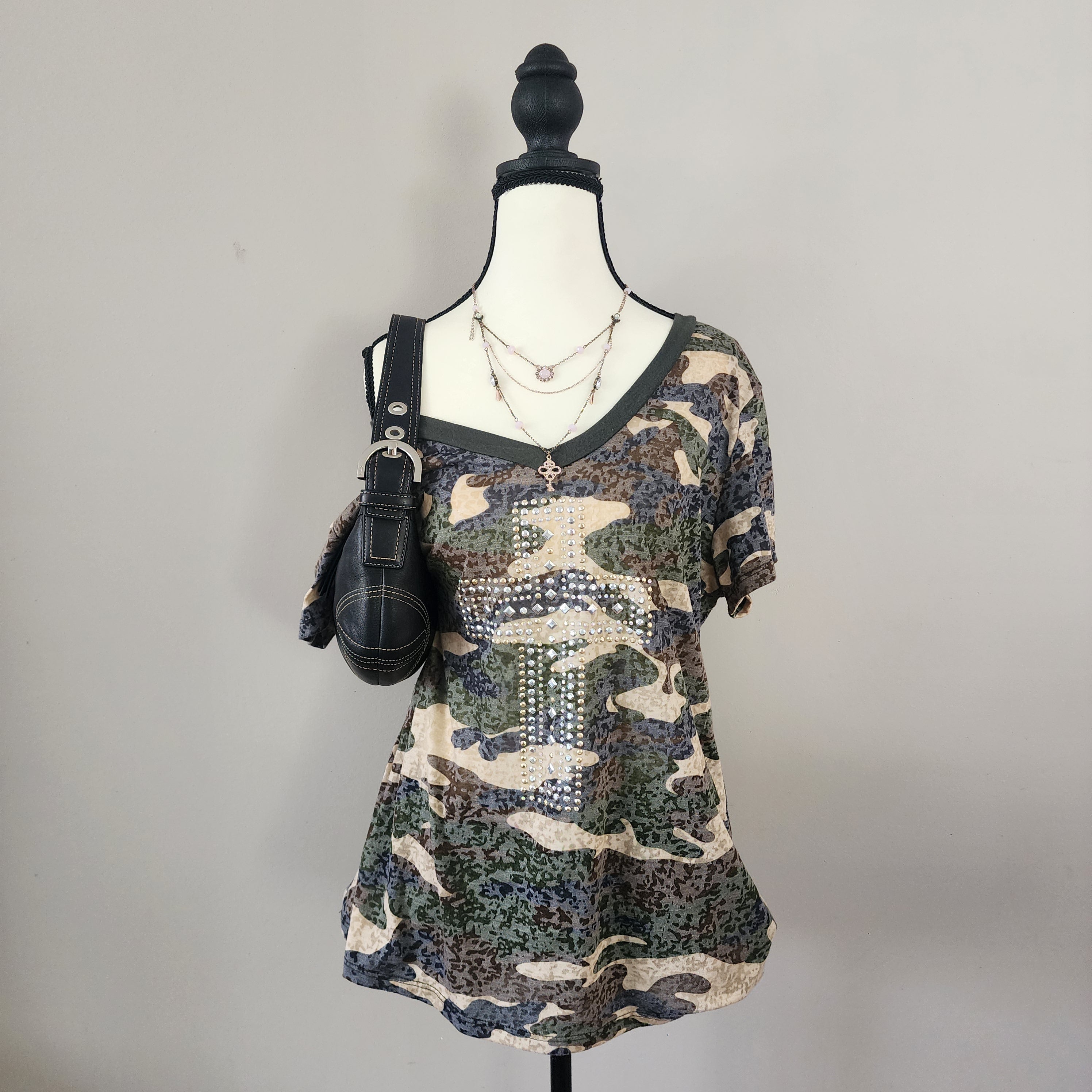 Y2K Green Camo Cut-Out V-neck Bedazzled Top