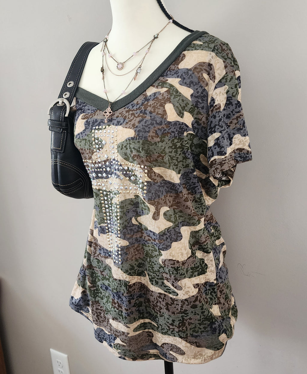 Y2K Green Camo Cut-Out V-neck Bedazzled Top