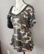 Y2K Green Camo Cut-Out V-neck Bedazzled Top