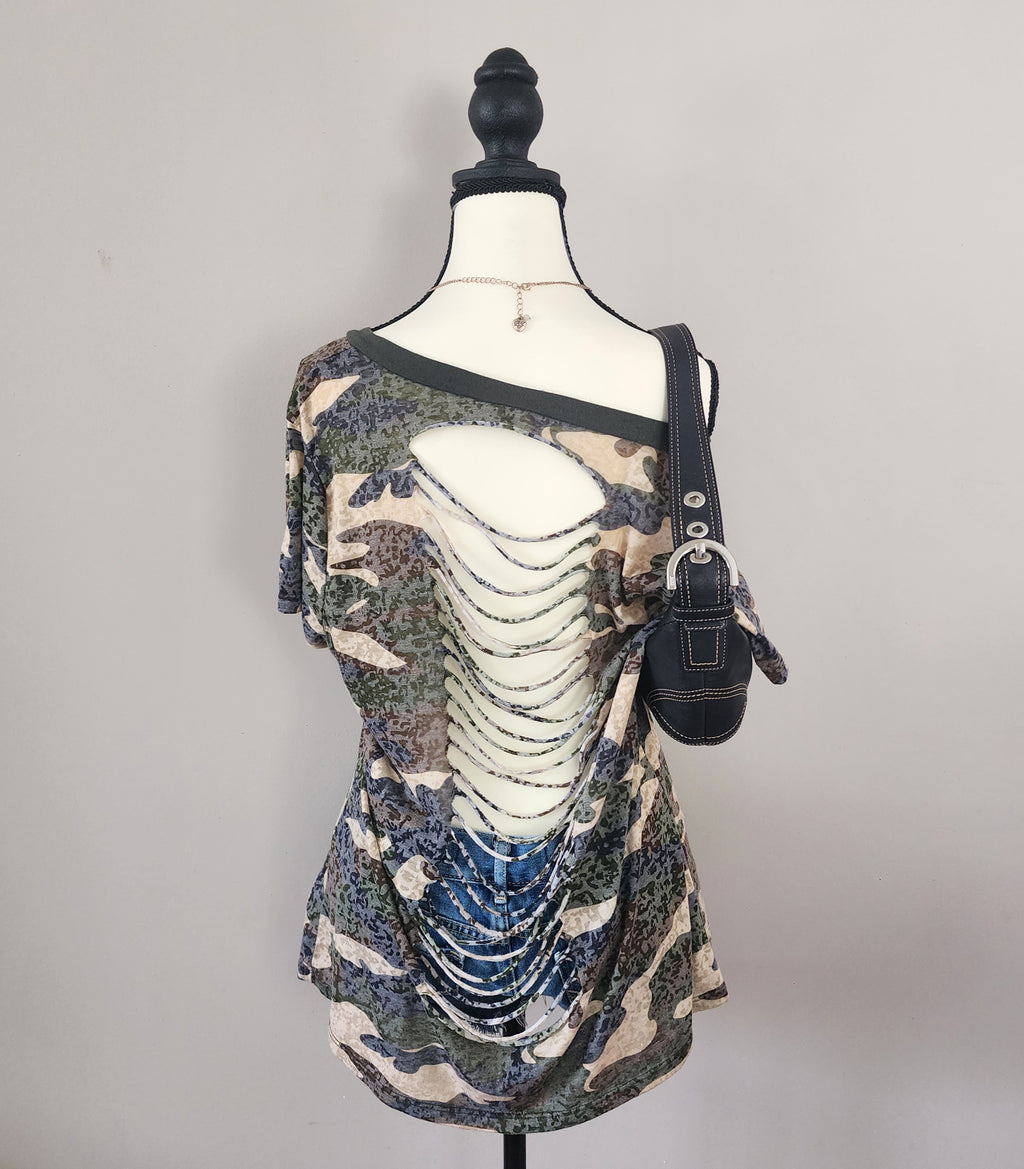 Y2K Green Camo Cut-Out V-neck Bedazzled Top