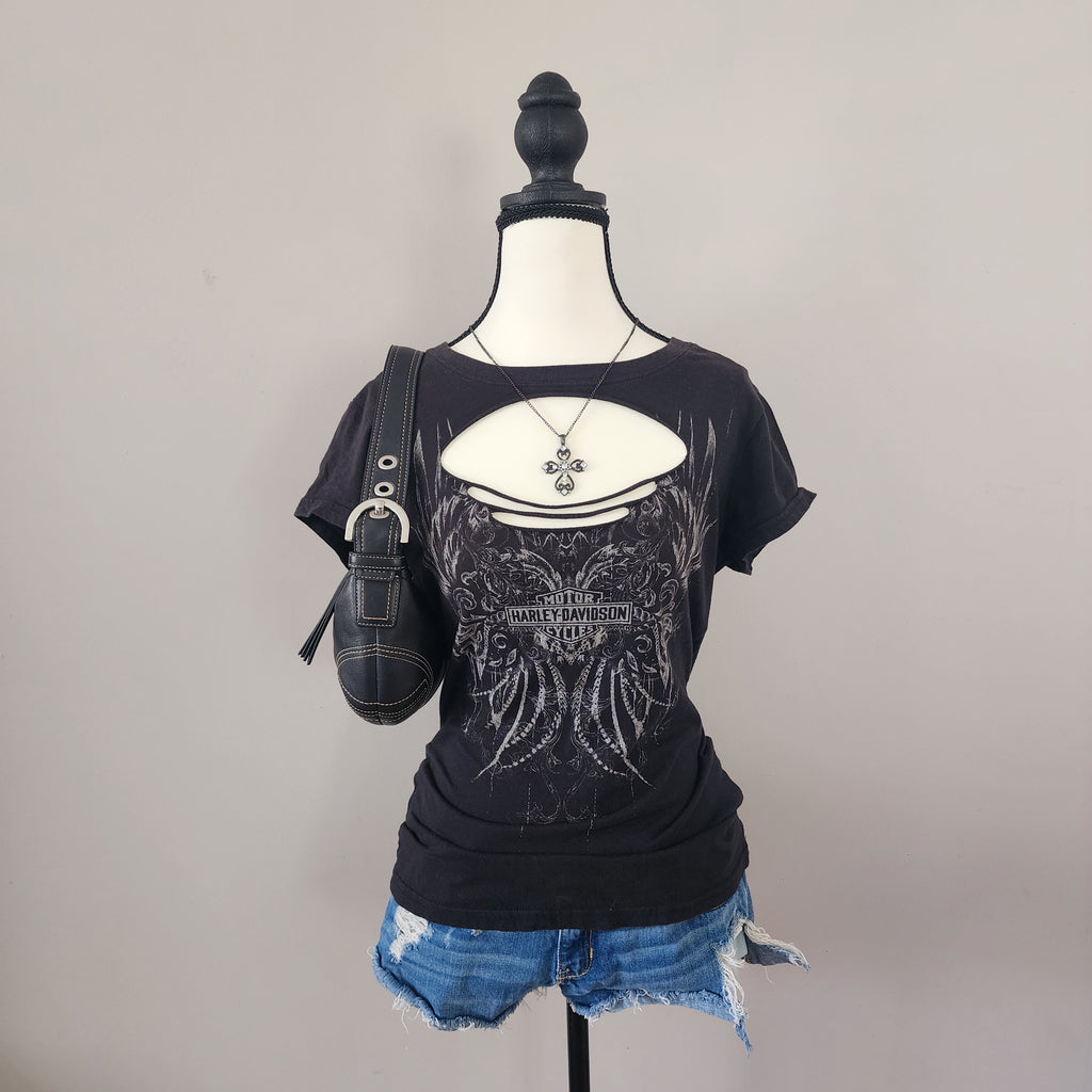 Y2K Harley-Davidson Black Graphic Cut-Out Top