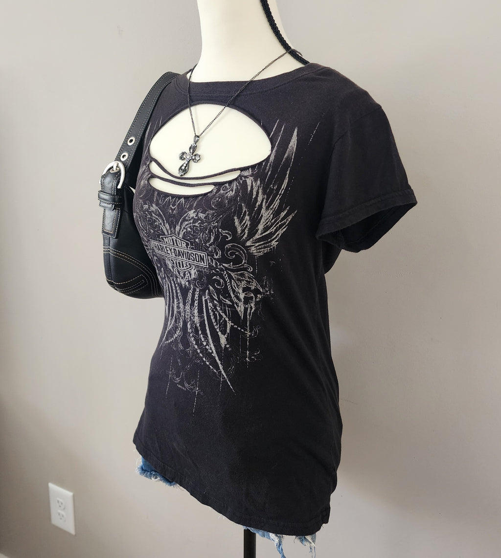 Y2K Harley-Davidson Black Graphic Cut-Out Top
