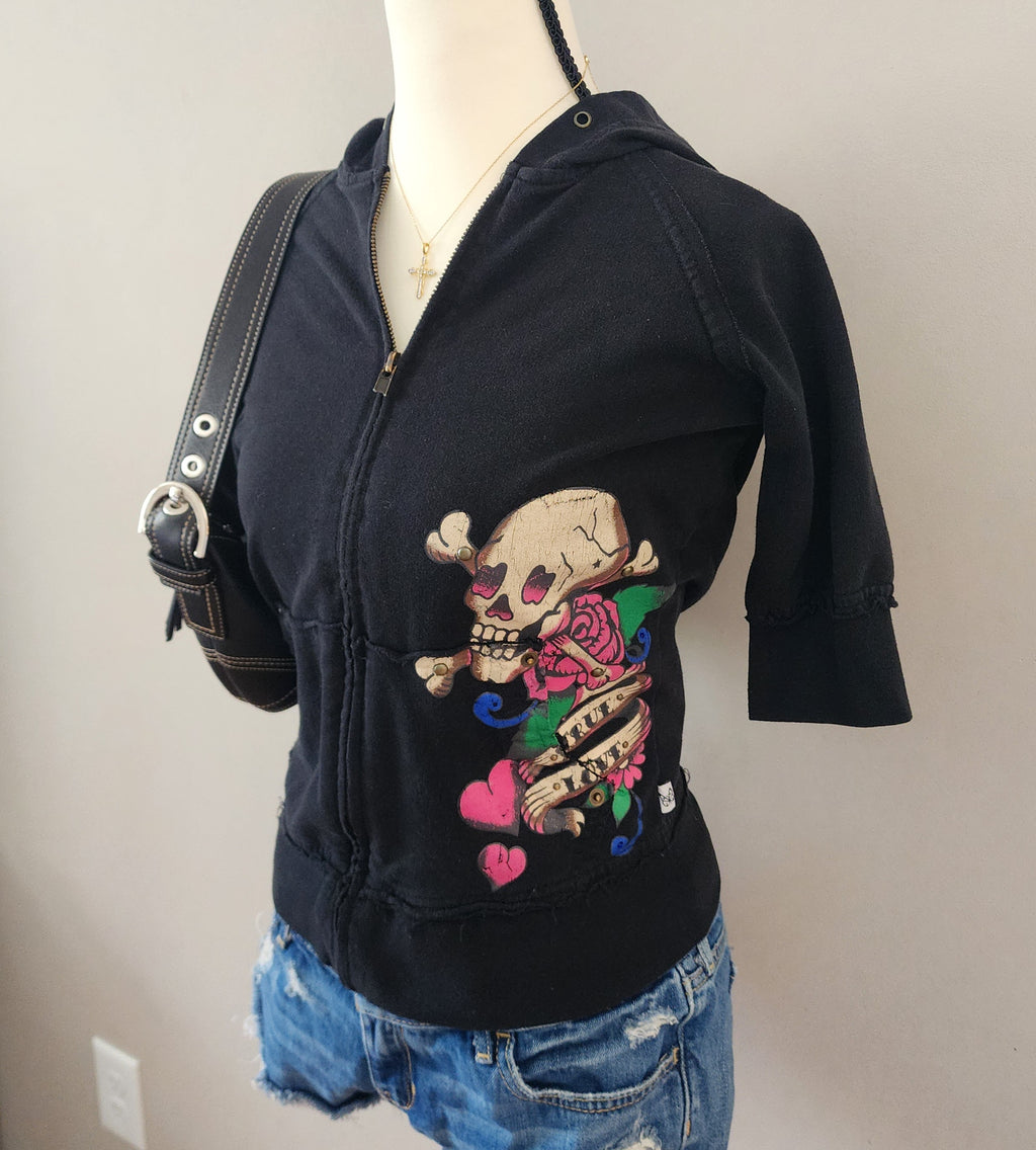 Y2K Grunge Skull Graphic Distressed Zip-Up Hoodie