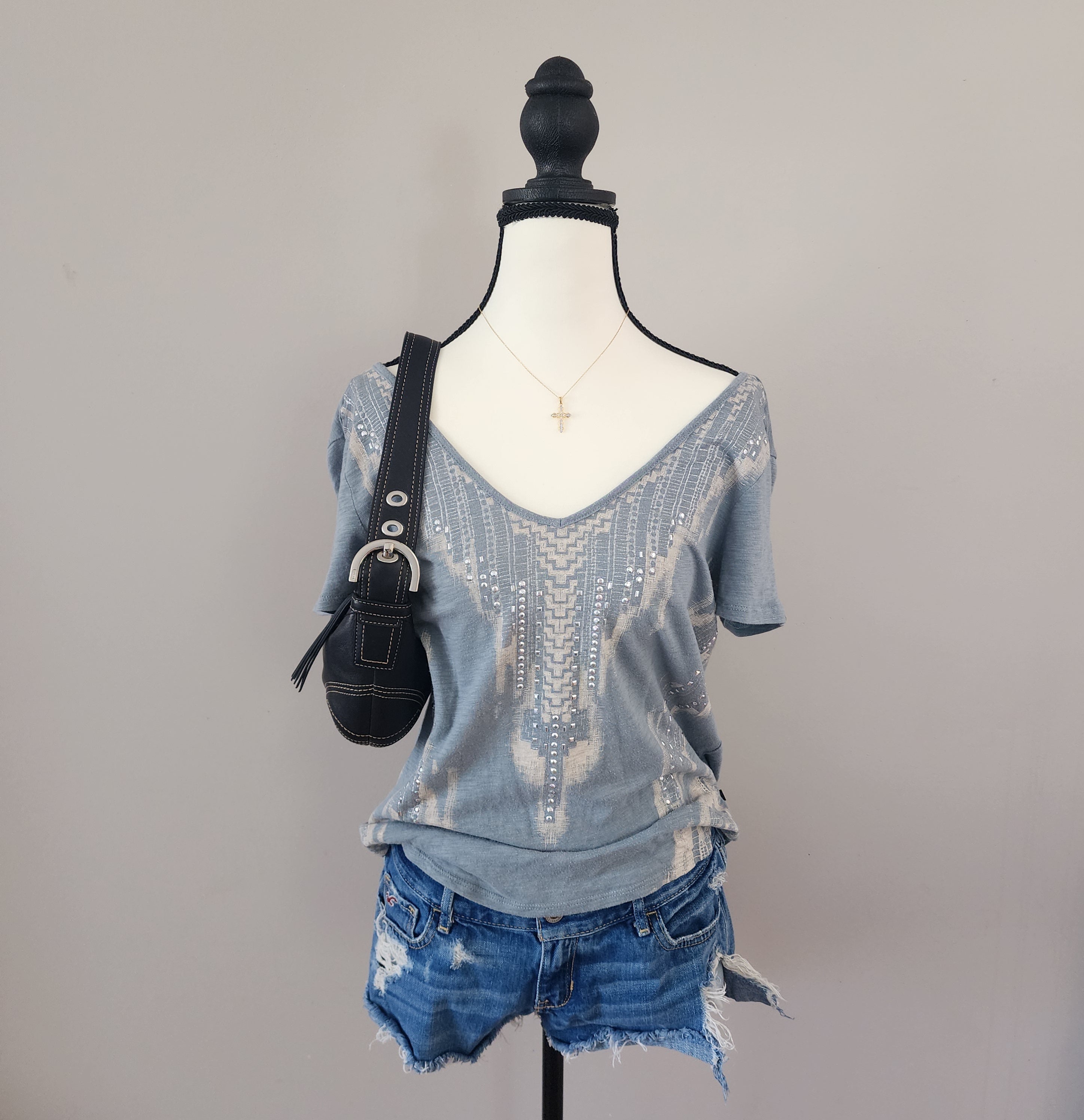 Rock & Republic Grey Bedazzled Cut-Out V-neck Top