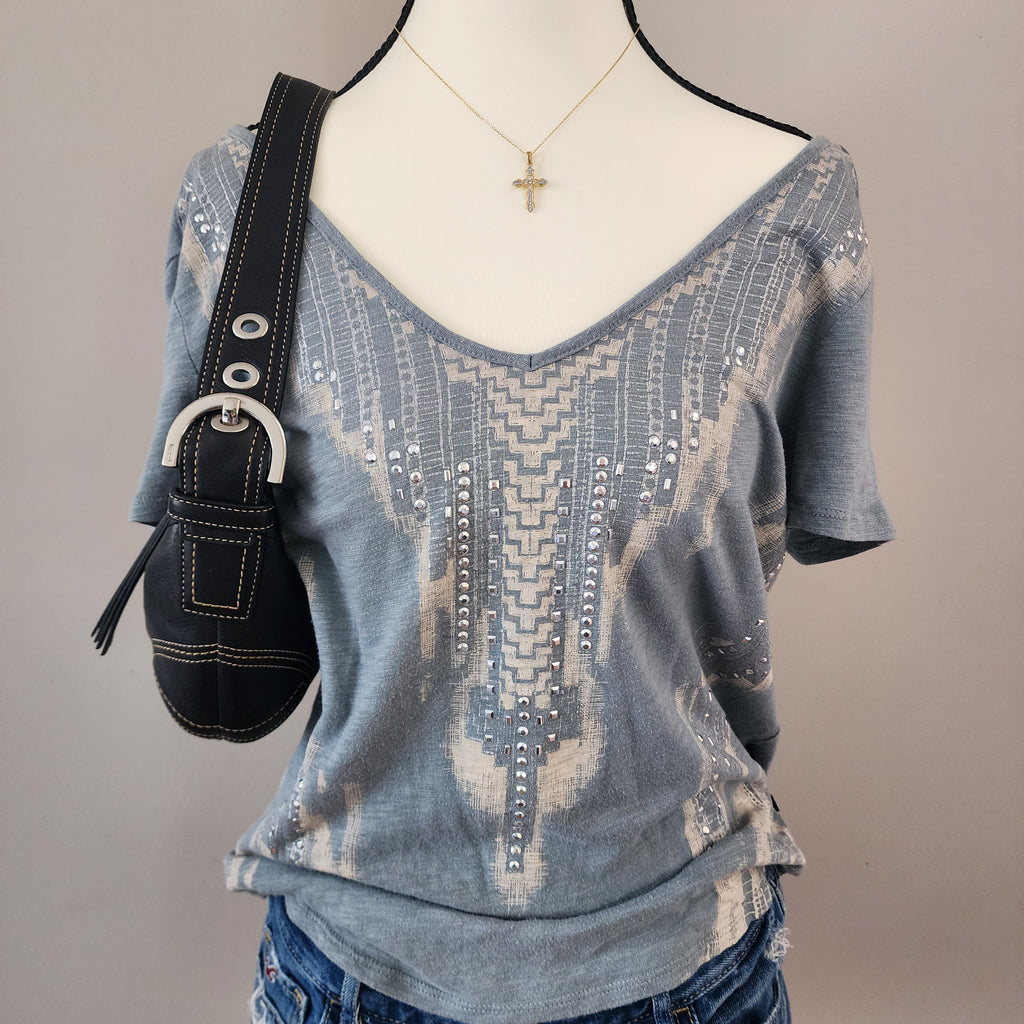 Rock & Republic Grey Bedazzled Cut-Out V-neck Top