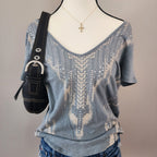 Rock & Republic Grey Bedazzled Cut-Out V-neck Top