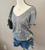 Rock & Republic Grey Bedazzled Cut-Out V-neck Top