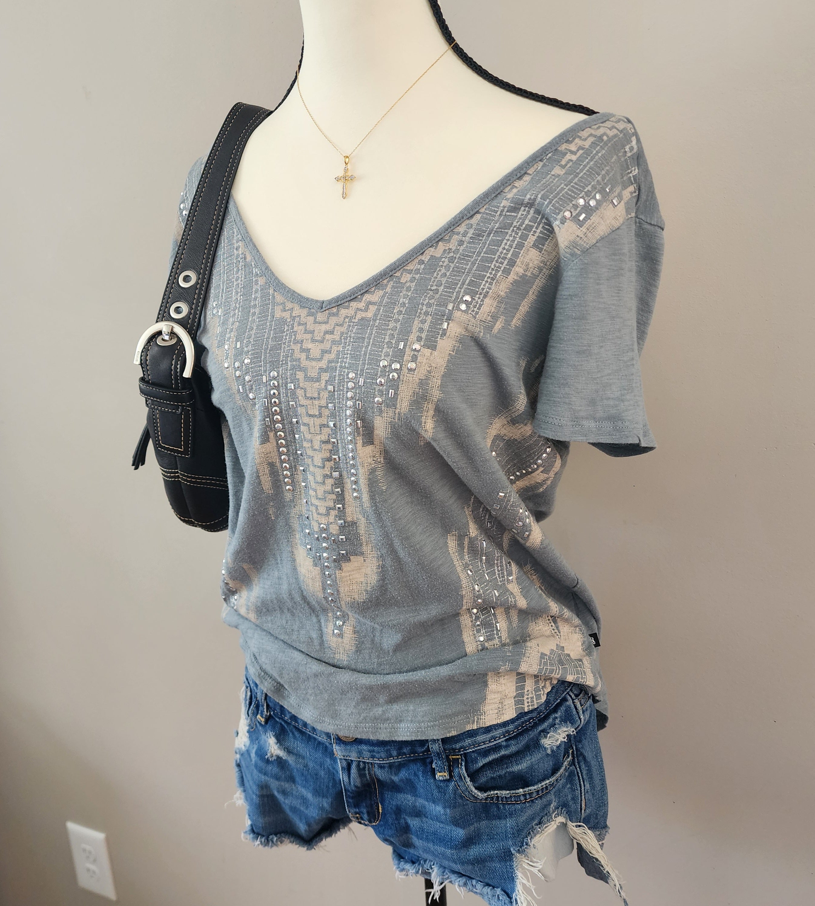 Rock & Republic Grey Bedazzled Cut-Out V-neck Top