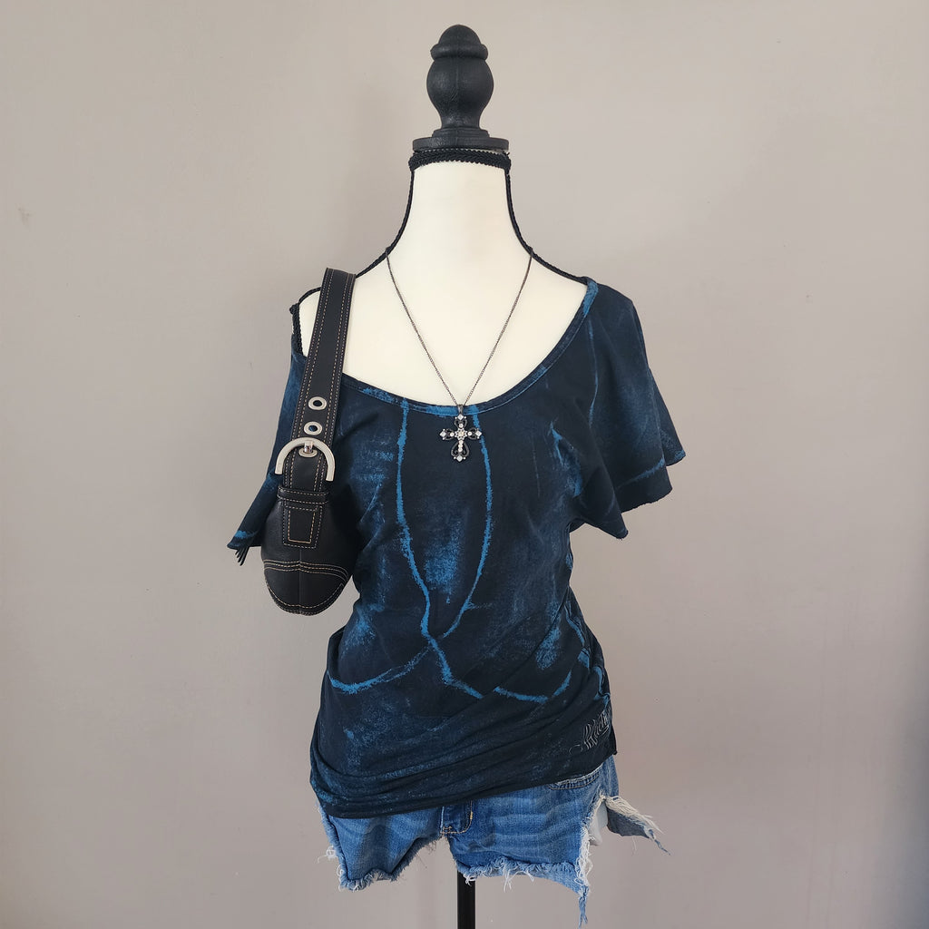 Affliction Cyber Punk Blue and Black Cut-Out Top