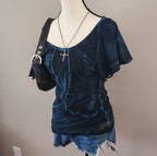 Affliction Cyber Punk Blue and Black Cut-Out Top
