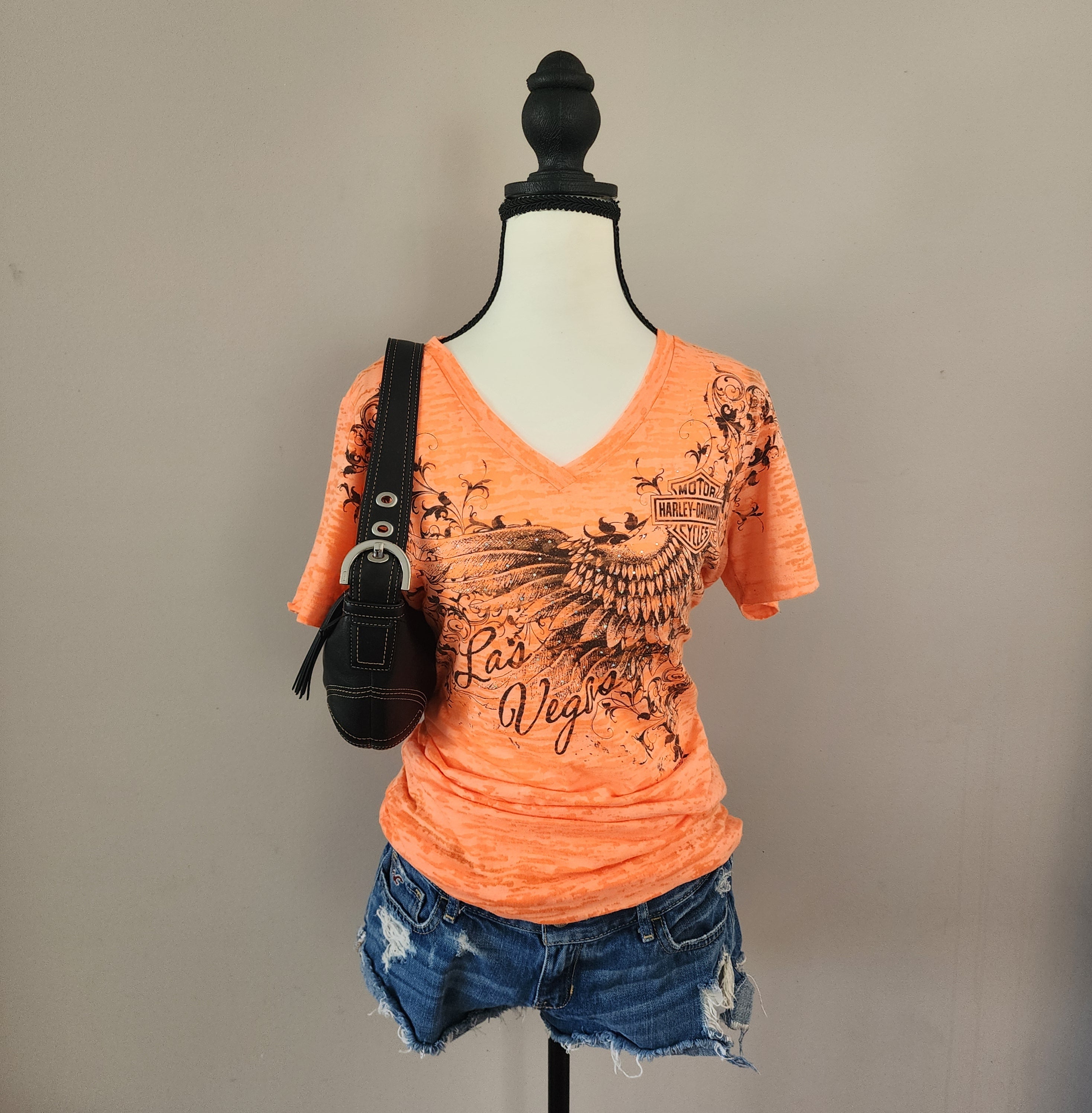 Harley-Davidson Las Vegas Neon Orange Bedazzled Graphic Print Top