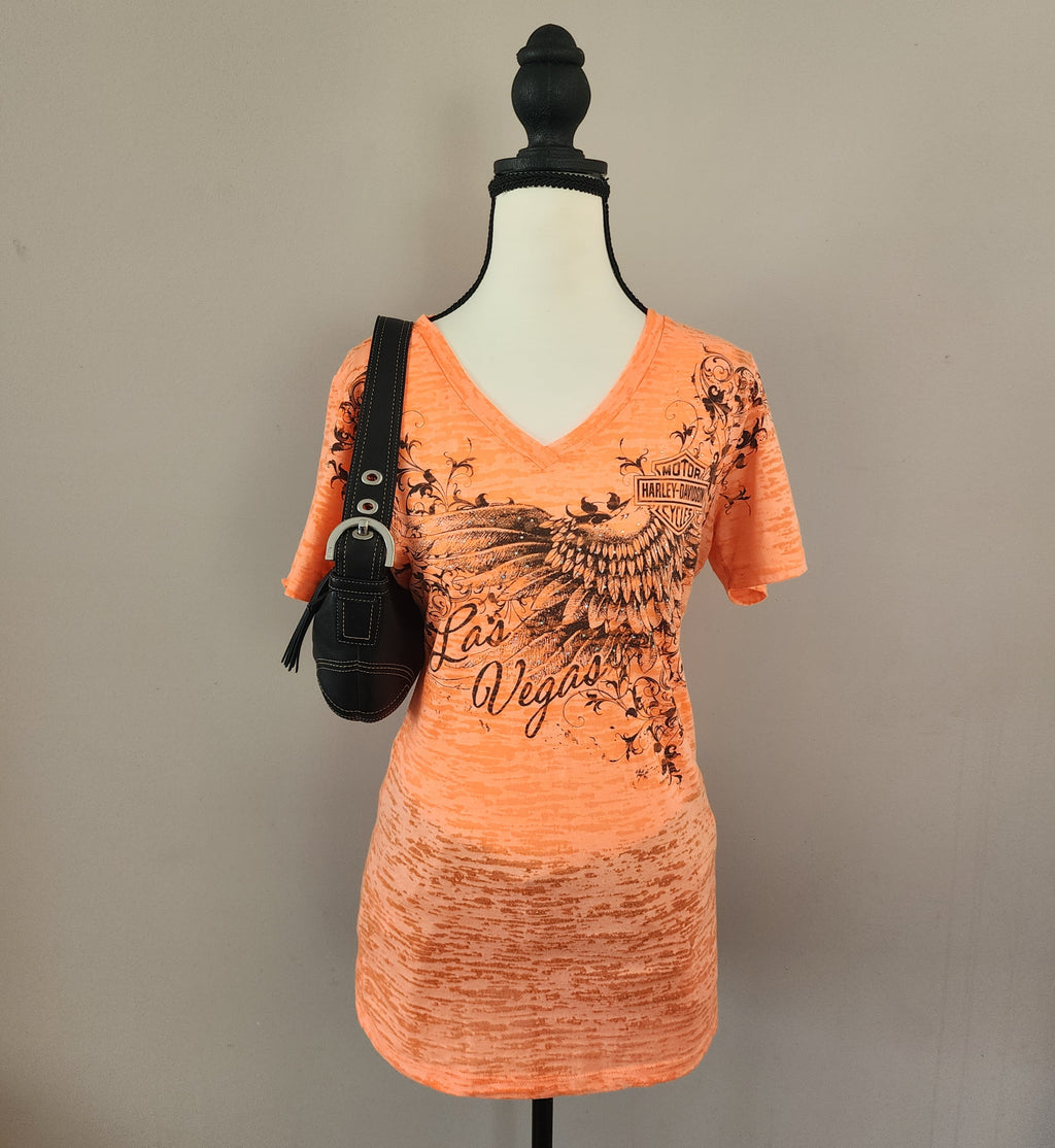 Harley-Davidson Las Vegas Neon Orange Bedazzled Graphic Print Top