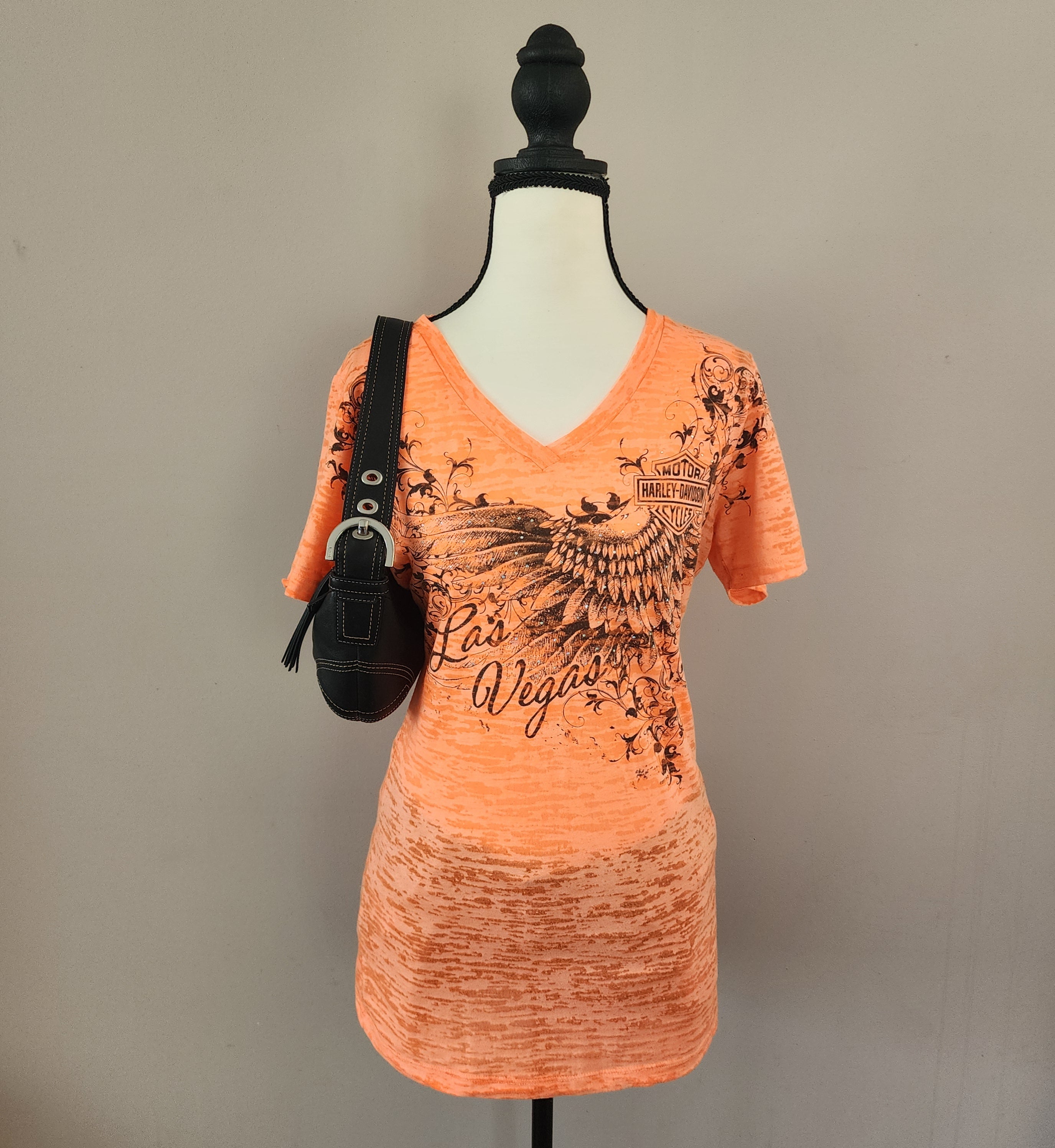 Harley-Davidson Las Vegas Neon Orange Bedazzled Graphic Print Top