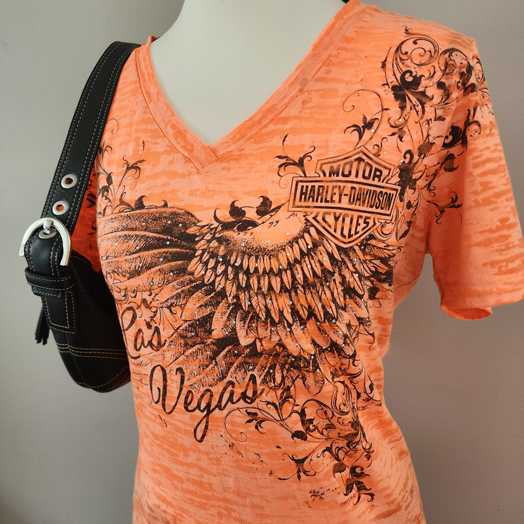 Harley-Davidson Las Vegas Neon Orange Bedazzled Graphic Print Top