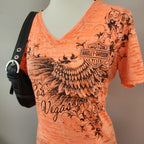 Harley-Davidson Las Vegas Neon Orange Bedazzled Graphic Print Top