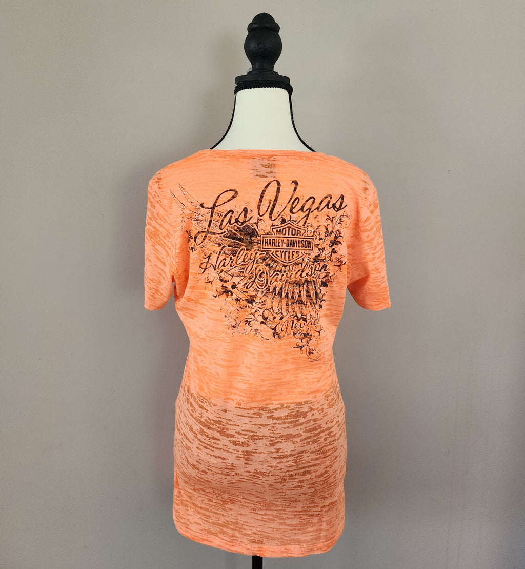 Harley-Davidson Las Vegas Neon Orange Bedazzled Graphic Print Top