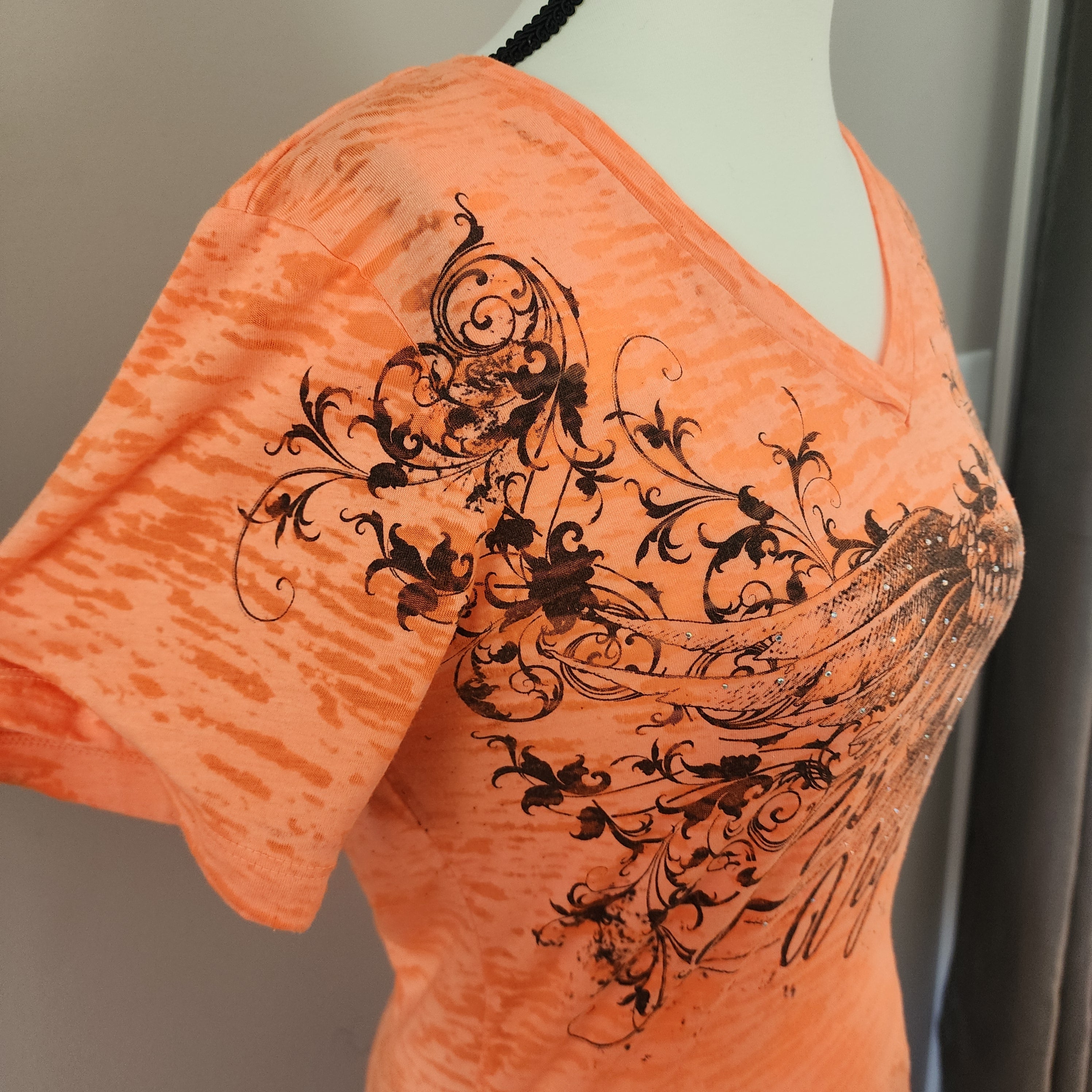 Harley-Davidson Las Vegas Neon Orange Bedazzled Graphic Print Top
