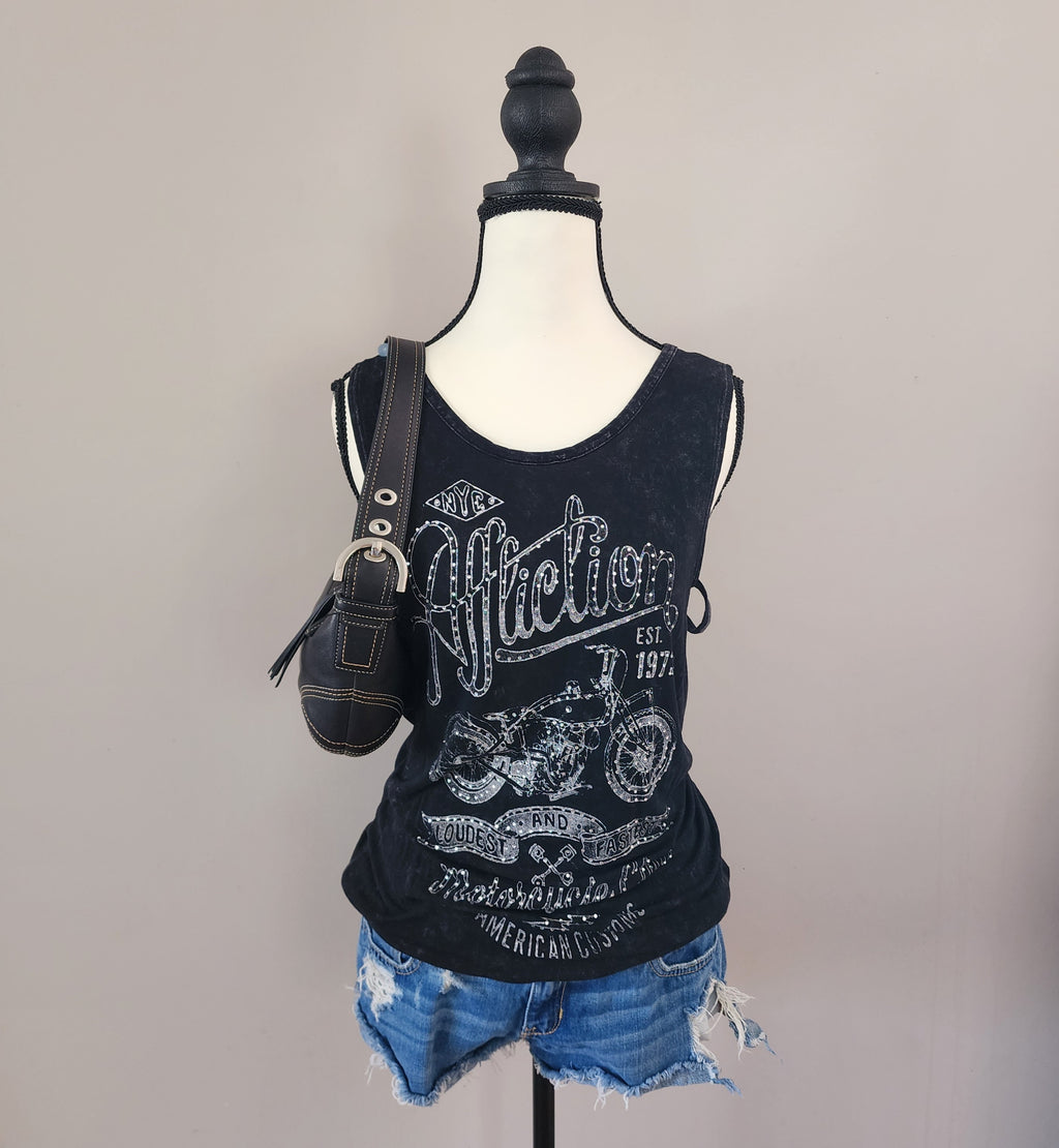 Y2K Affliction Black Bedazzled Cut-Out Tank Top