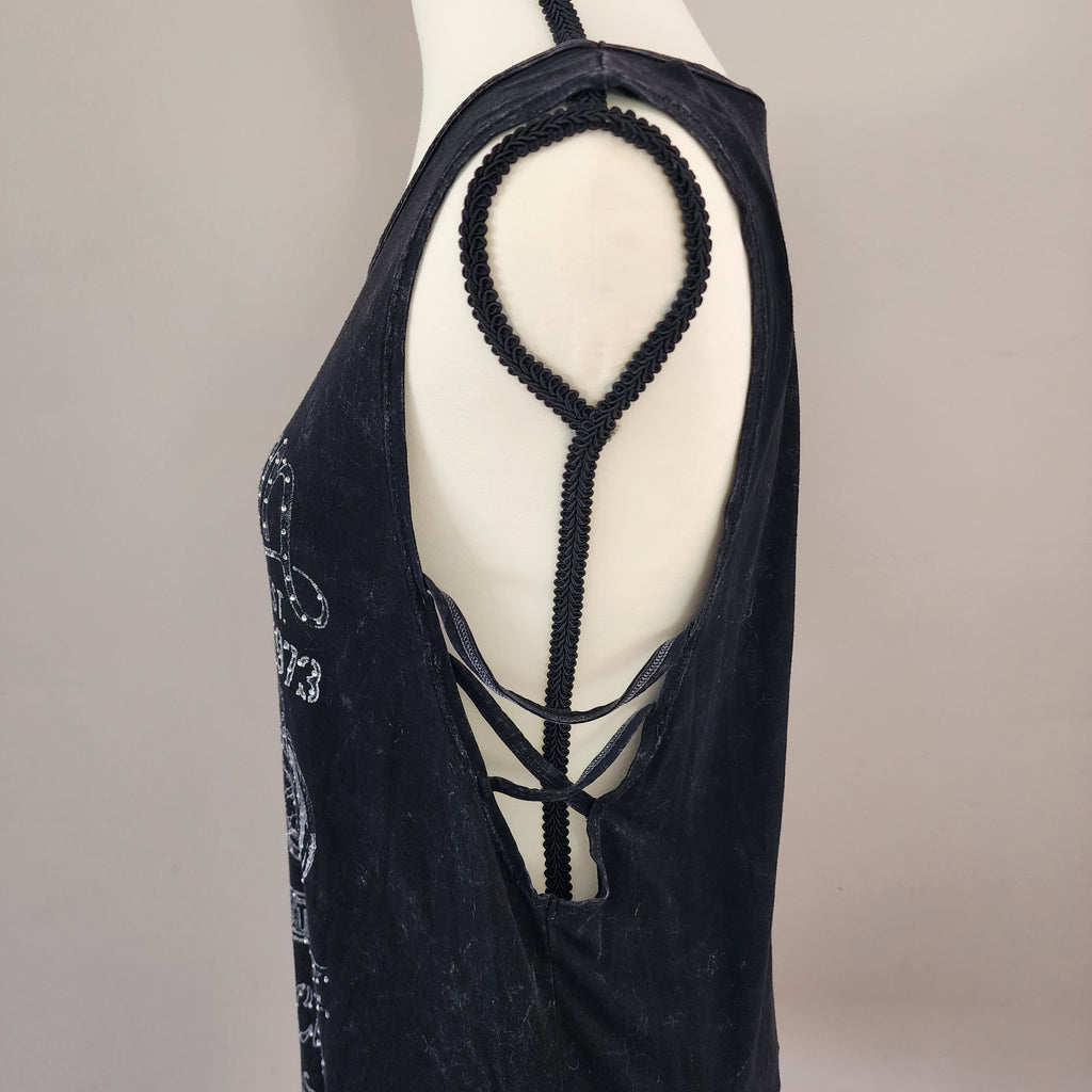 Y2K Affliction Black Bedazzled Cut-Out Tank Top