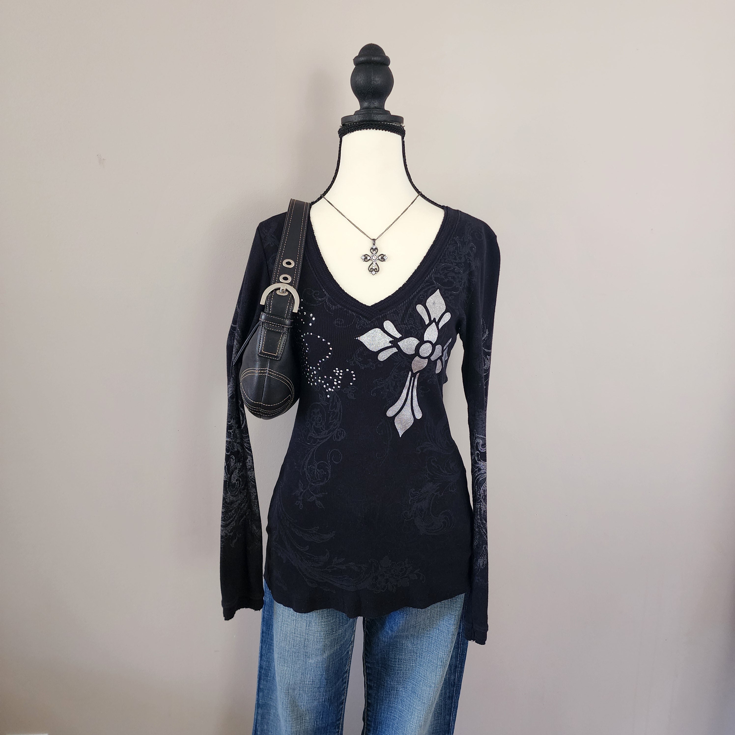Maurices Black and Silver Cathedral Graphic Print Bedazzled Long Sleeved Top