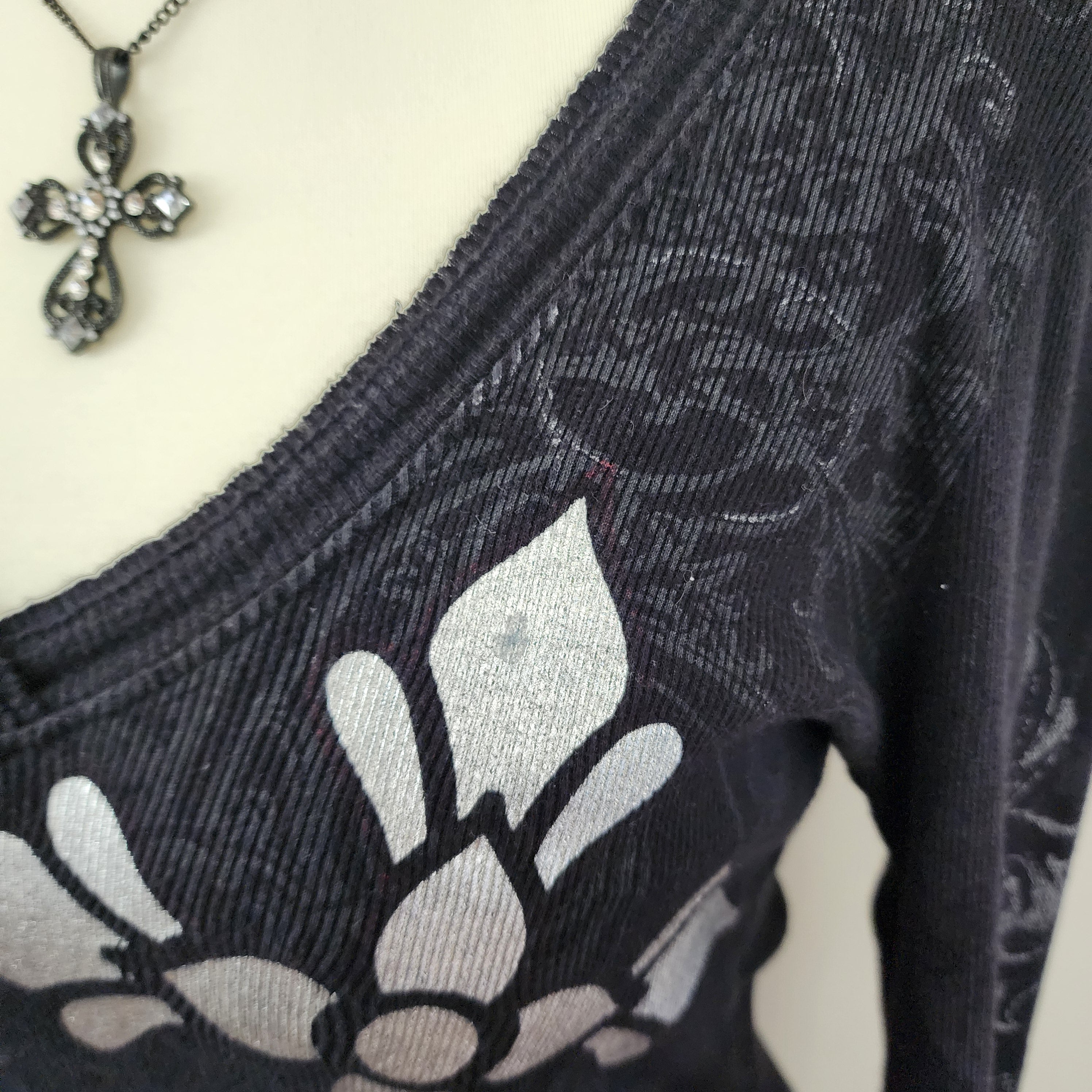 Maurices Black and Silver Cathedral Graphic Print Bedazzled Long Sleeved Top