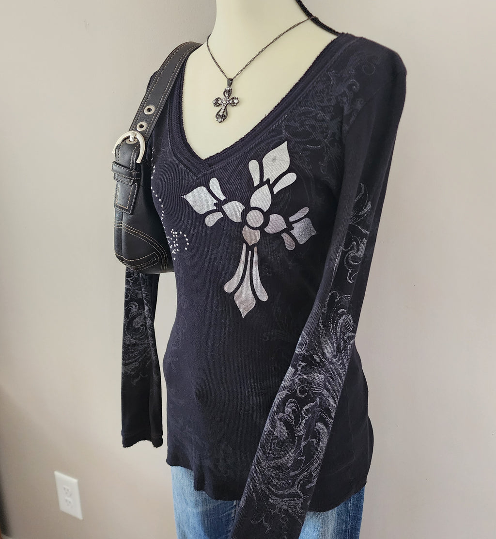 Maurices Black and Silver Cathedral Graphic Print Bedazzled Long Sleeved Top