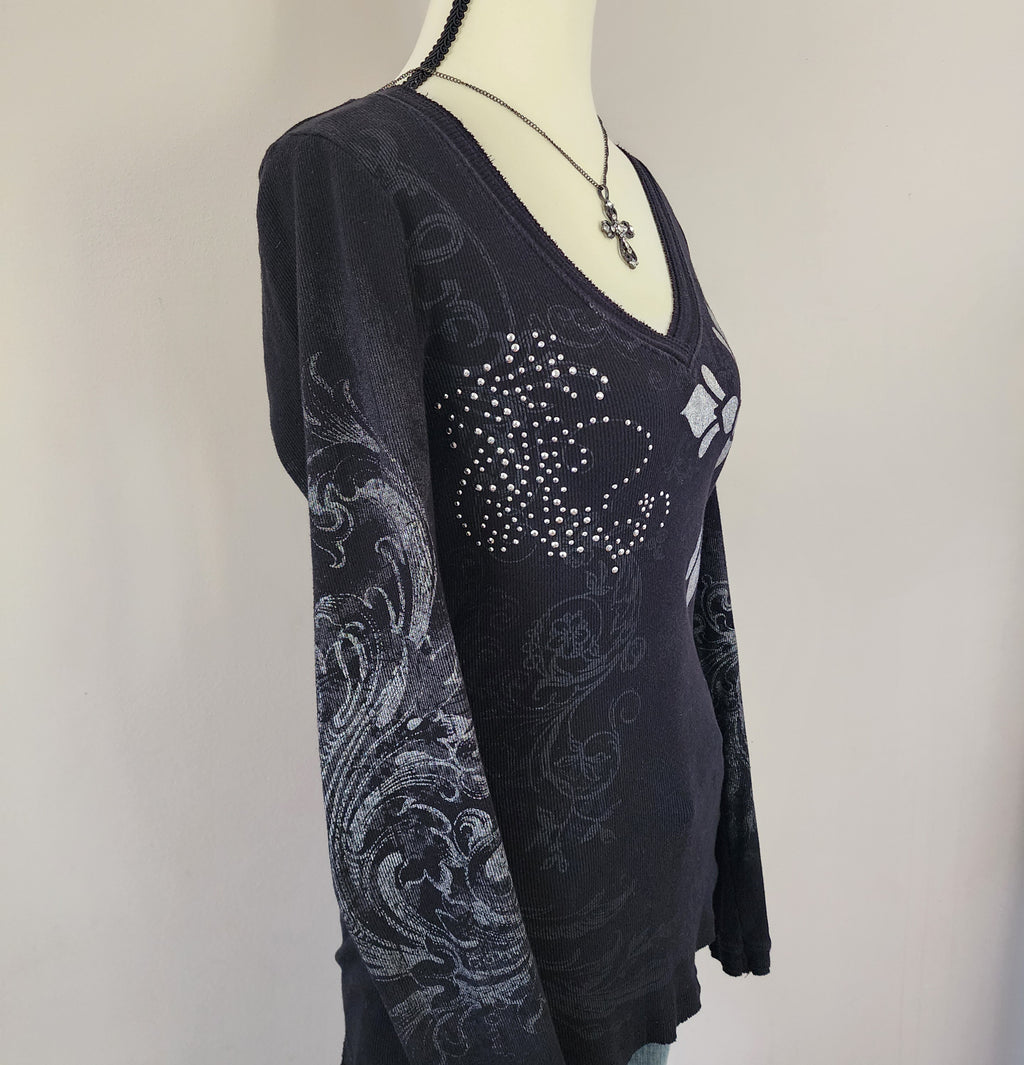 Maurices Black and Silver Cathedral Graphic Print Bedazzled Long Sleeved Top