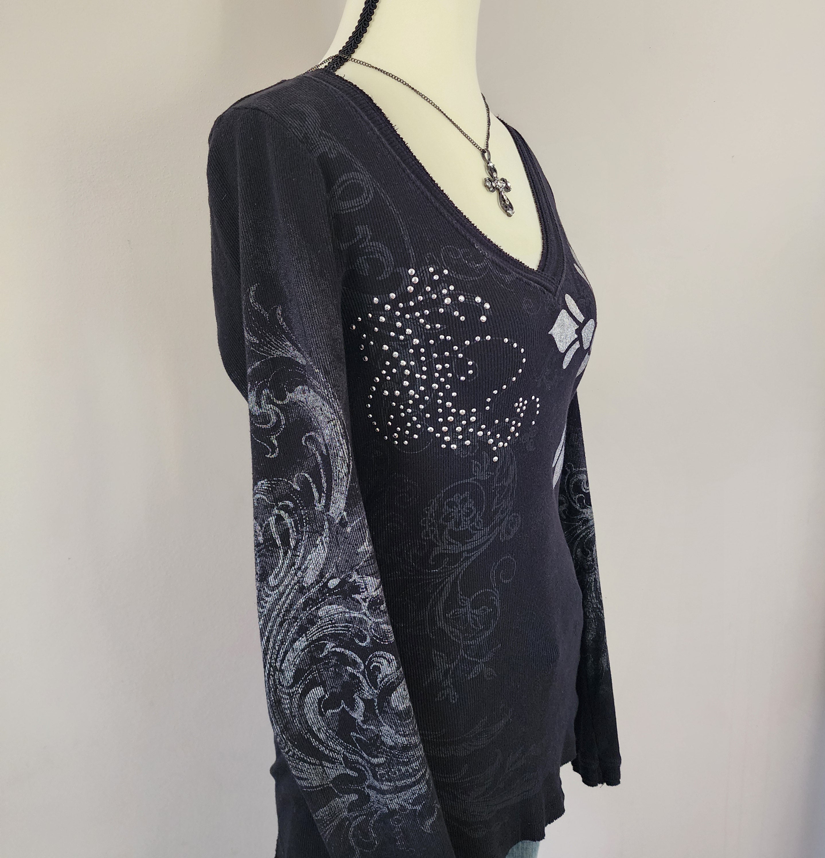 Maurices Black and Silver Cathedral Graphic Print Bedazzled Long Sleeved Top