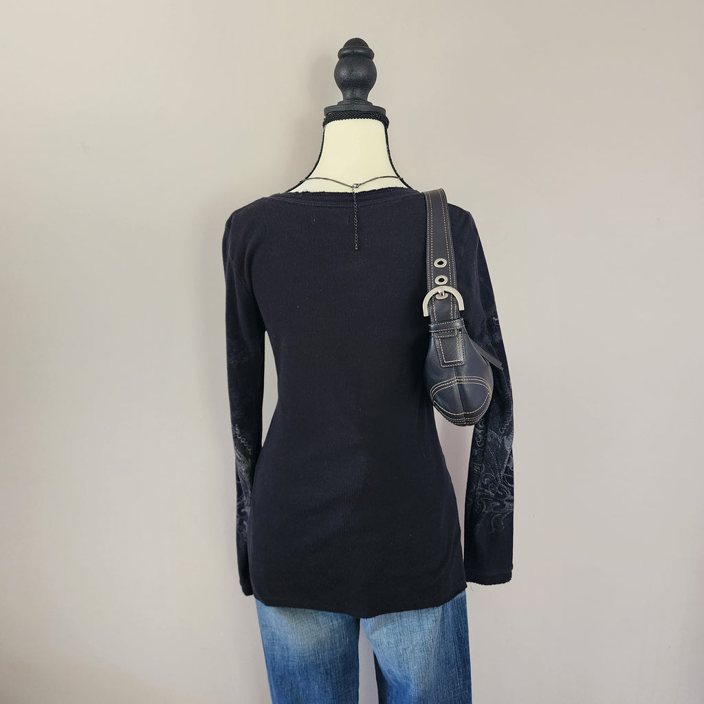 Maurices Black and Silver Cathedral Graphic Print Bedazzled Long Sleeved Top
