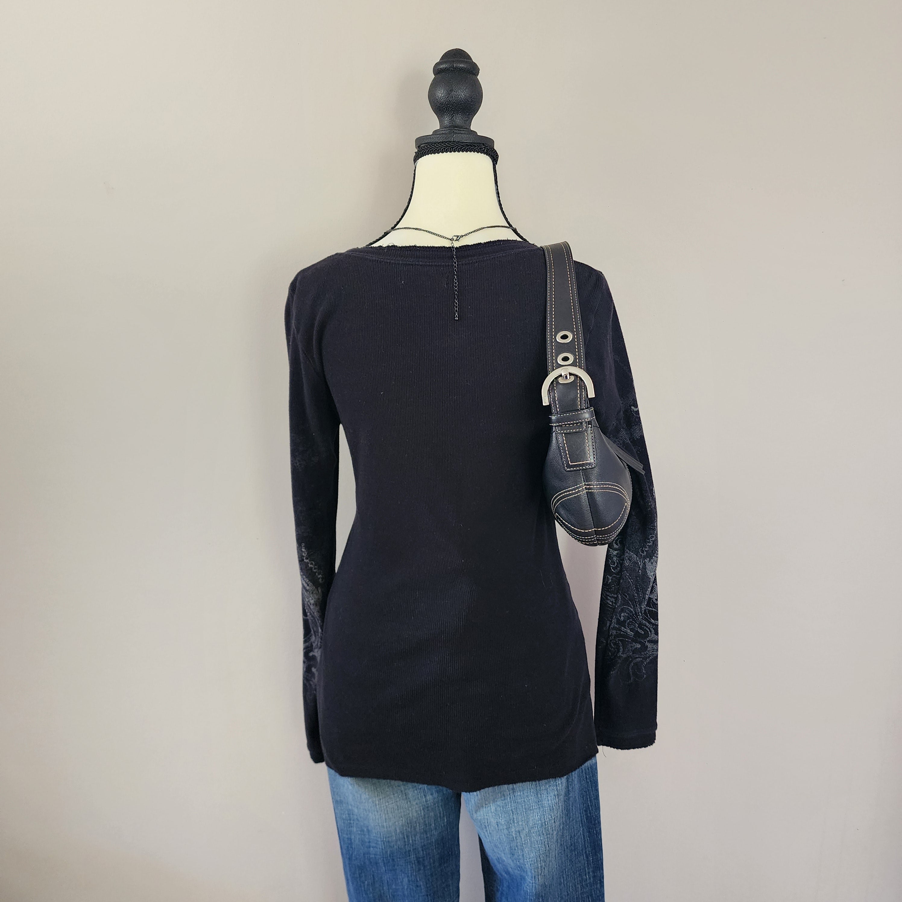 Maurices Black and Silver Cathedral Graphic Print Bedazzled Long Sleeved Top