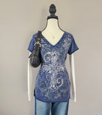 Maurices Blue and White Bedazzled Graphic Print Top