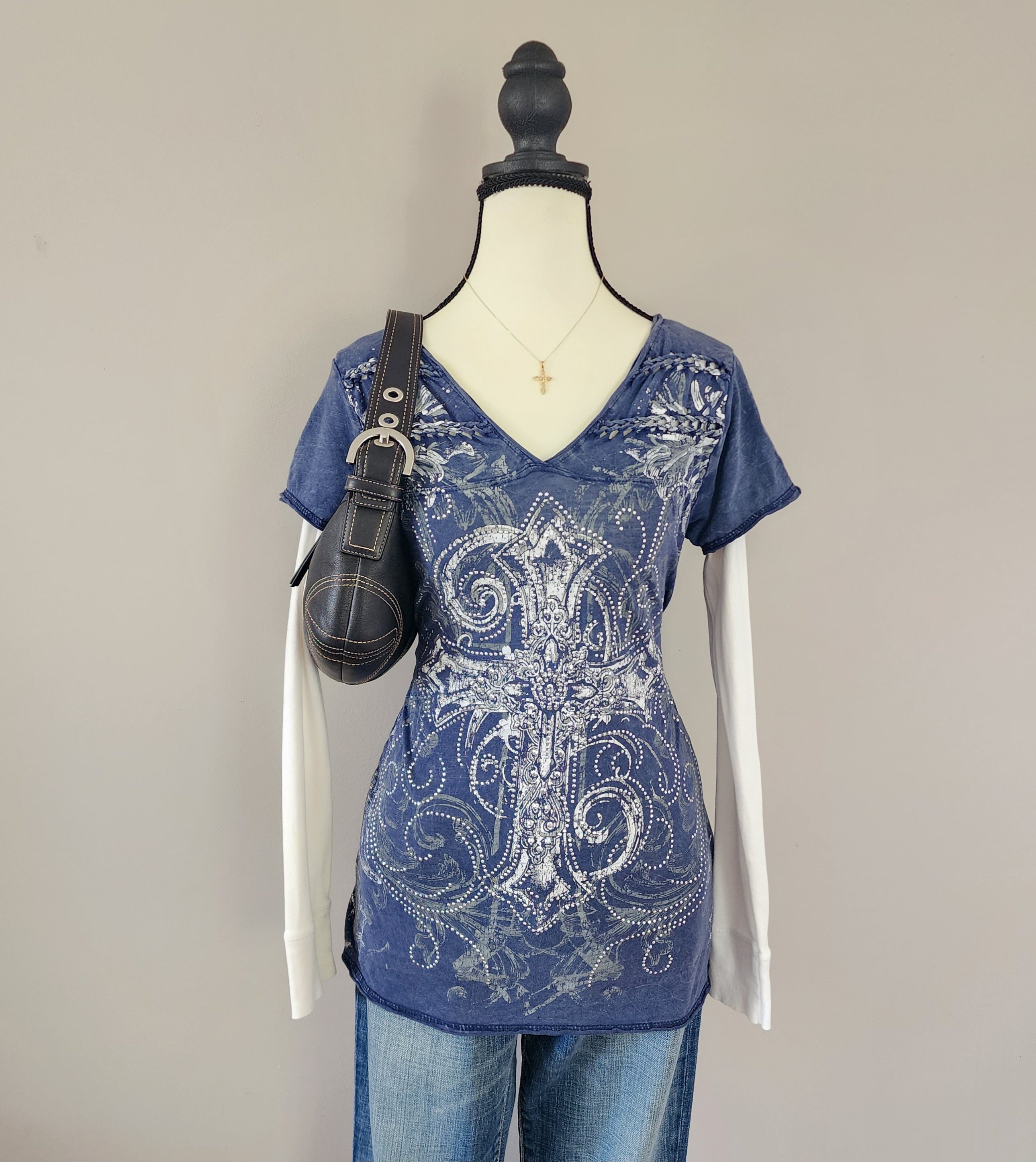 Maurices Blue and White Bedazzled Graphic Print Top