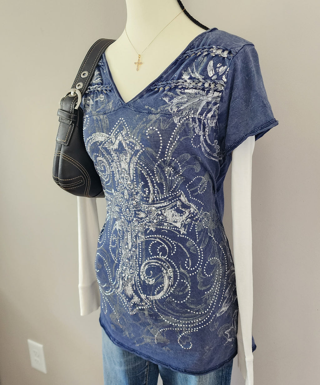 Maurices Blue and White Bedazzled Graphic Print Top