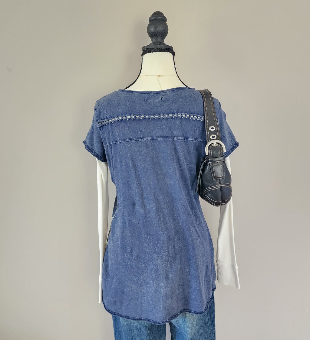 Maurices Blue and White Bedazzled Graphic Print Top