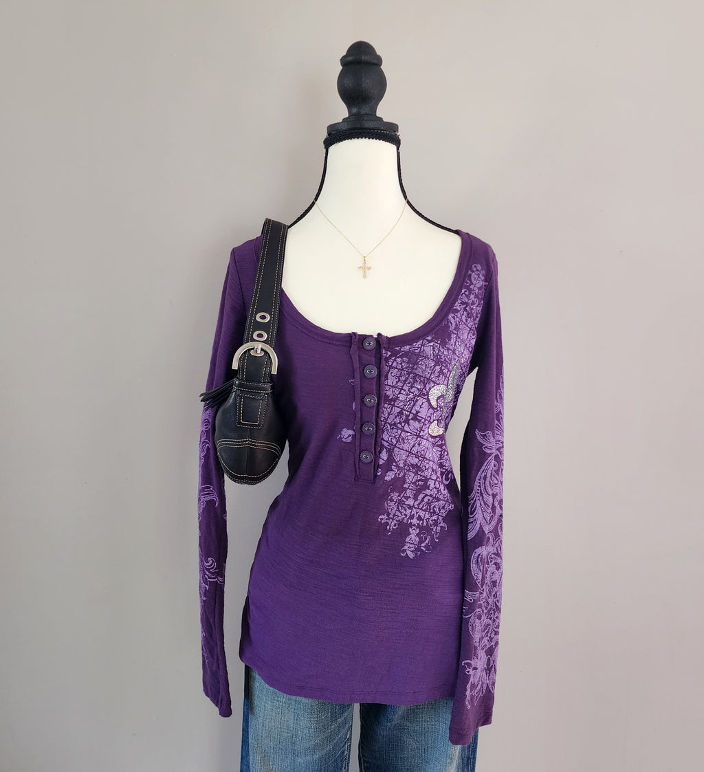 Vanity Purple and Silver Glitter Cathedral Henley Top