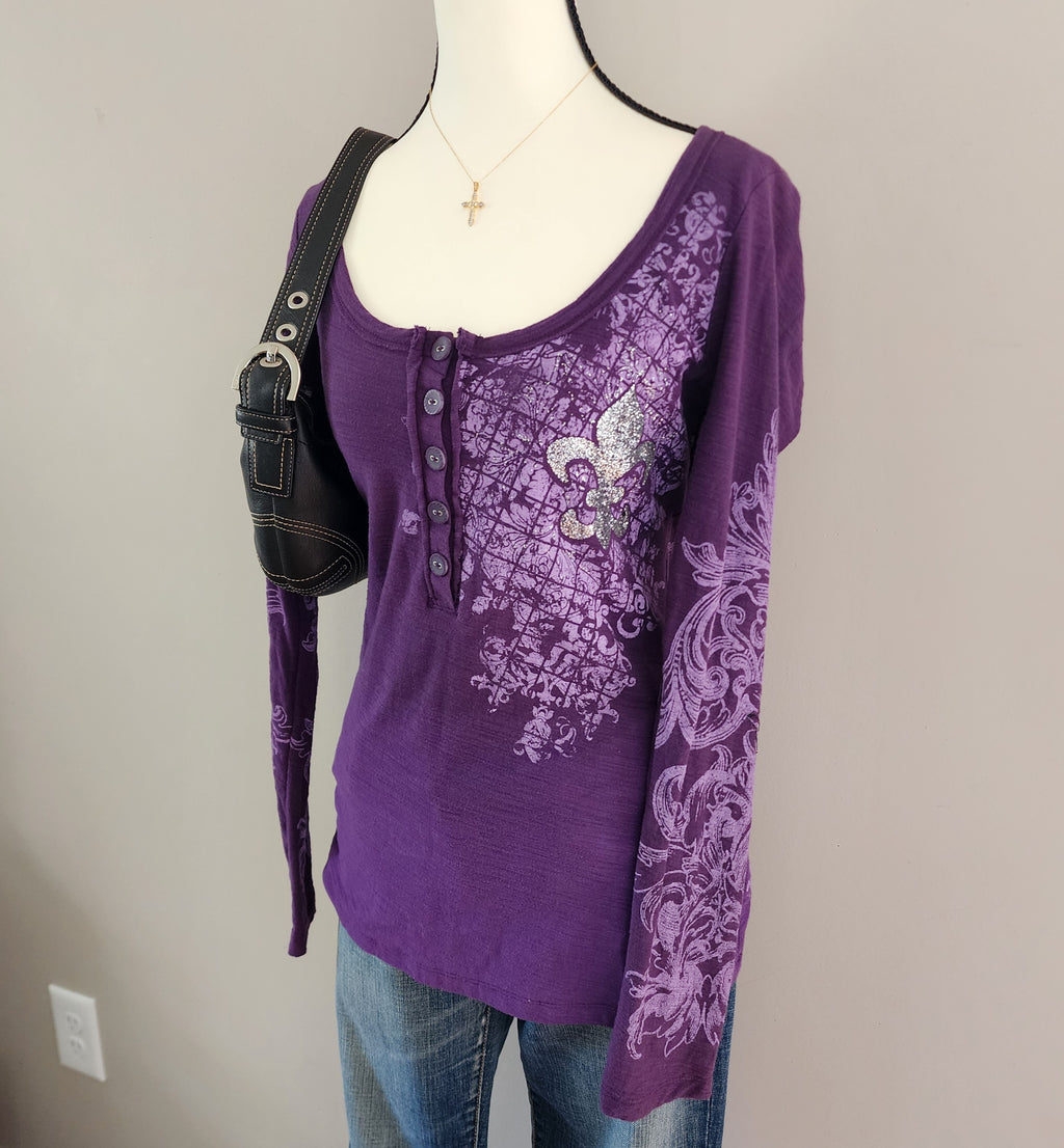 Vanity Purple and Silver Glitter Cathedral Henley Top