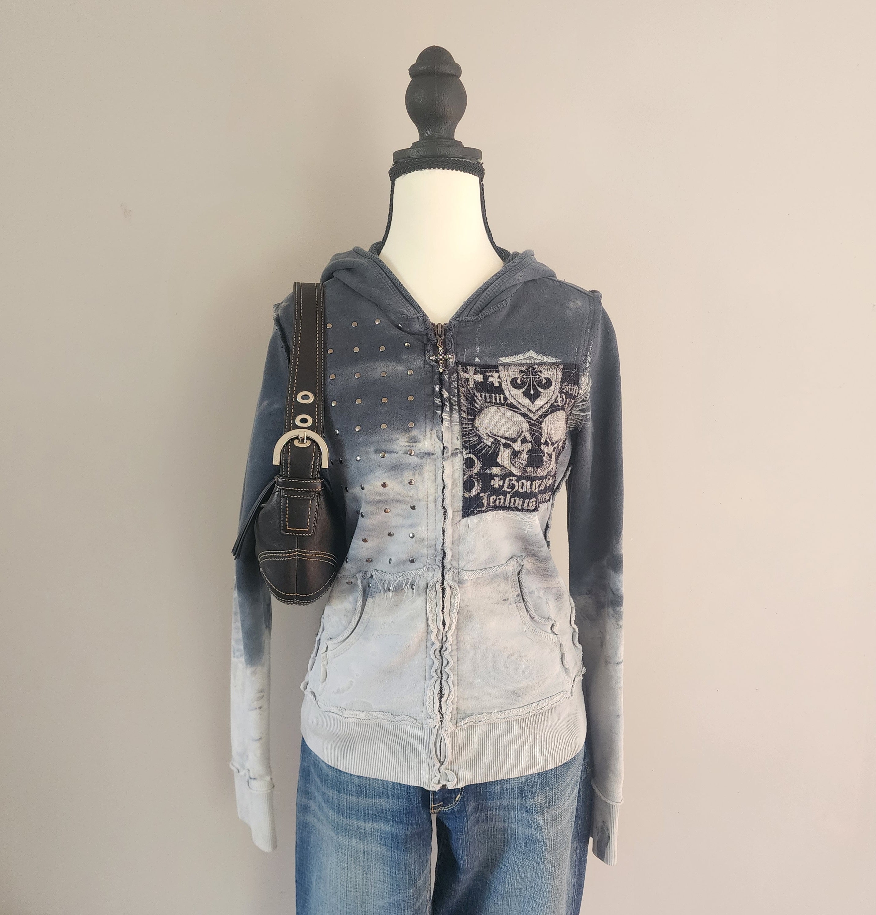 Y2K Affliction Grunge Graphic Skull Cathedral Print Studded Zip-Up Hoodie